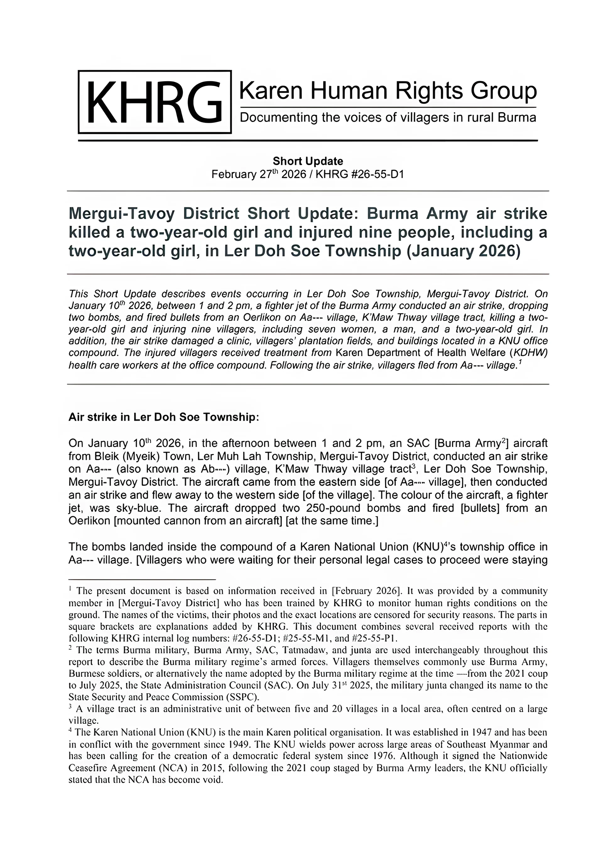 Burma Army Air Strike Kills 2-Year-Old Girl in Ler Doh Soe Township, Myanmar