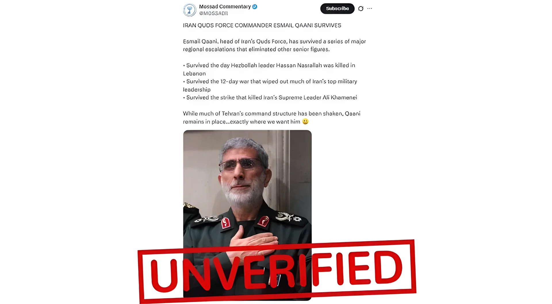 Iranischer General Esmail Qaani möglicherweise wegen Mossad-Zusammenarbeit hingerichtet