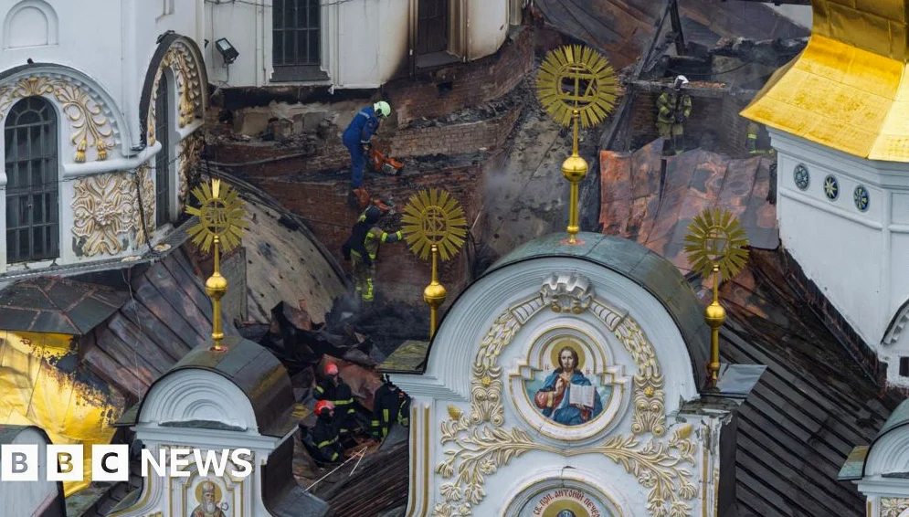 Russian strikes kill nine and set historic cathedral in Kyiv ablaze
