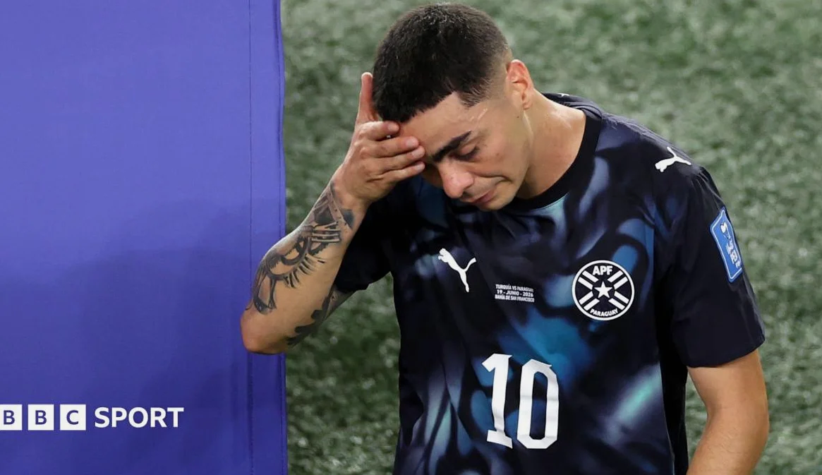 Almiron first player sent off for covering mouth